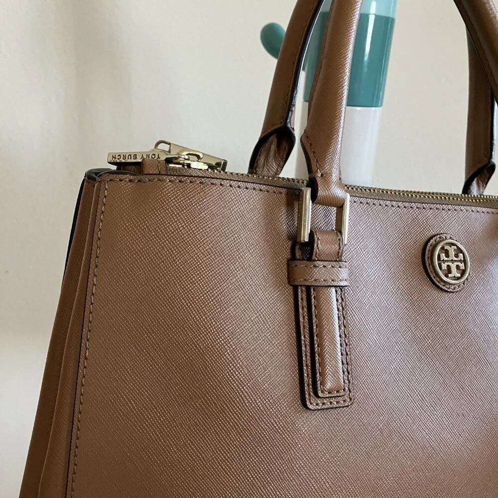 Tory Burch Double Zipper Beige/Tan Leather Tote Bag Top Handle & Strap - Picture 10 of 15